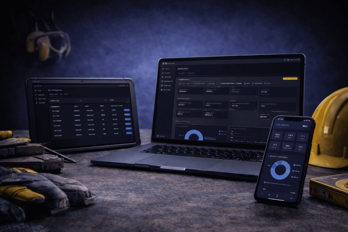 Desk setup with laptop, tablet and smartphone showing Plavigo interface
