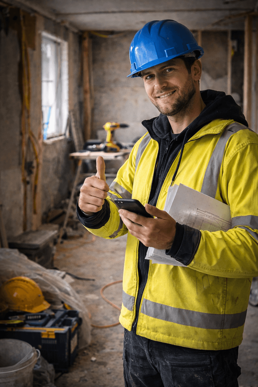 Construction worker giving thumbs up with Plavigo