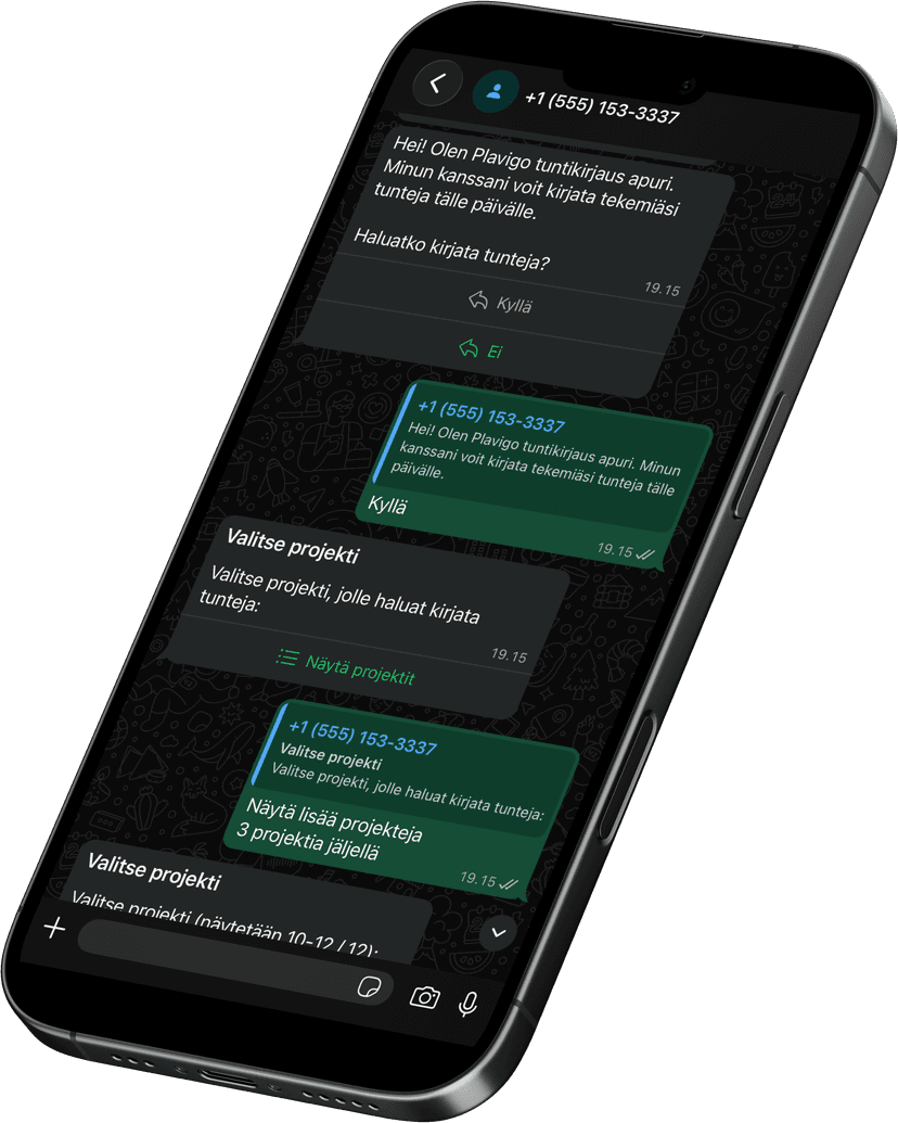 Plavigo WhatsApp tuntikirjaus apuri